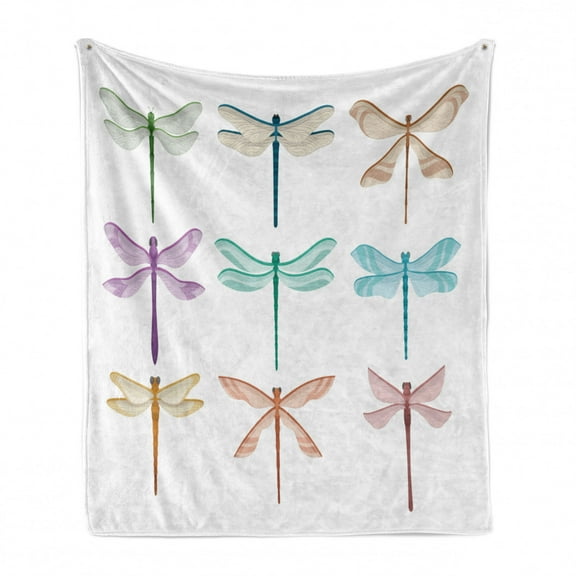 Dragonfly Soft Flannel Fleece Throw Blanket, Vivid Insects with Fragile Wings on Plain Background Print, Cozy Plush for Indoor and Outdoor Use, 60" x 80", Multicolor, by Ambesonne