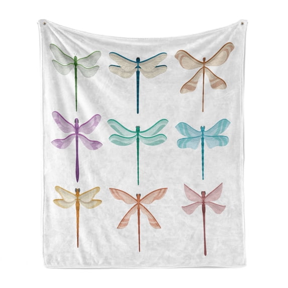 Dragonfly Soft Flannel Fleece Throw Blanket, Vivid Insects with Fragile Wings on Plain Background Print, Cozy Plush for Indoor and Outdoor Use, 60" x 80", Multicolor, by Ambesonne
