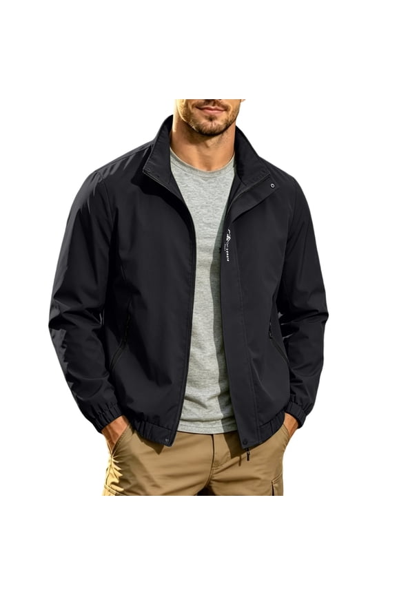 Men's Cropped Windproof Jacket Solid Color Long Sleeve Stand Collar Outdoor Fashion Outwear For Fall Winter Daily Wear A-Black XS