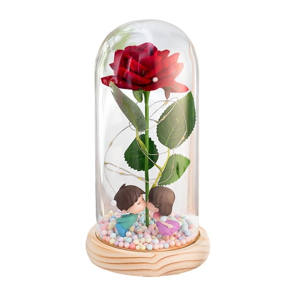 Regalos de flores de rosa Decoración romántica de San Valentín Rosa iluminada en cúpula de cristal Besos de base de madera