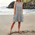 thumbnail image 6 of Women's Striped Mini Dress Gingham Tunic Dress Round Neck Sleeveless Loose A Line Sundress with Pockets Lounge Vacation Outfit Black, 6 of 8