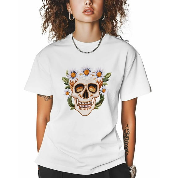 T Shirts for Women Short Sleeve Cotton Crewneck T-Shirt, Skull Daisy Flowers Embroidery Tee Tops Casual Basic T-Shirts, XS-5XL White S