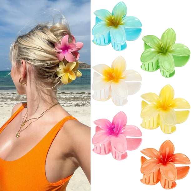 Pinzas para el cabello de flores para mujeres, paquete de 6 pinzas para el cabello con flores hawaianas, pinzas para el cabello de Plumeria para cabello fino, pinzas para el cabello con flores preppy