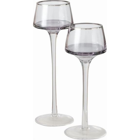Baby Long-Stem Silver Rimmed Clear Glass Candle Holders, Set of 2