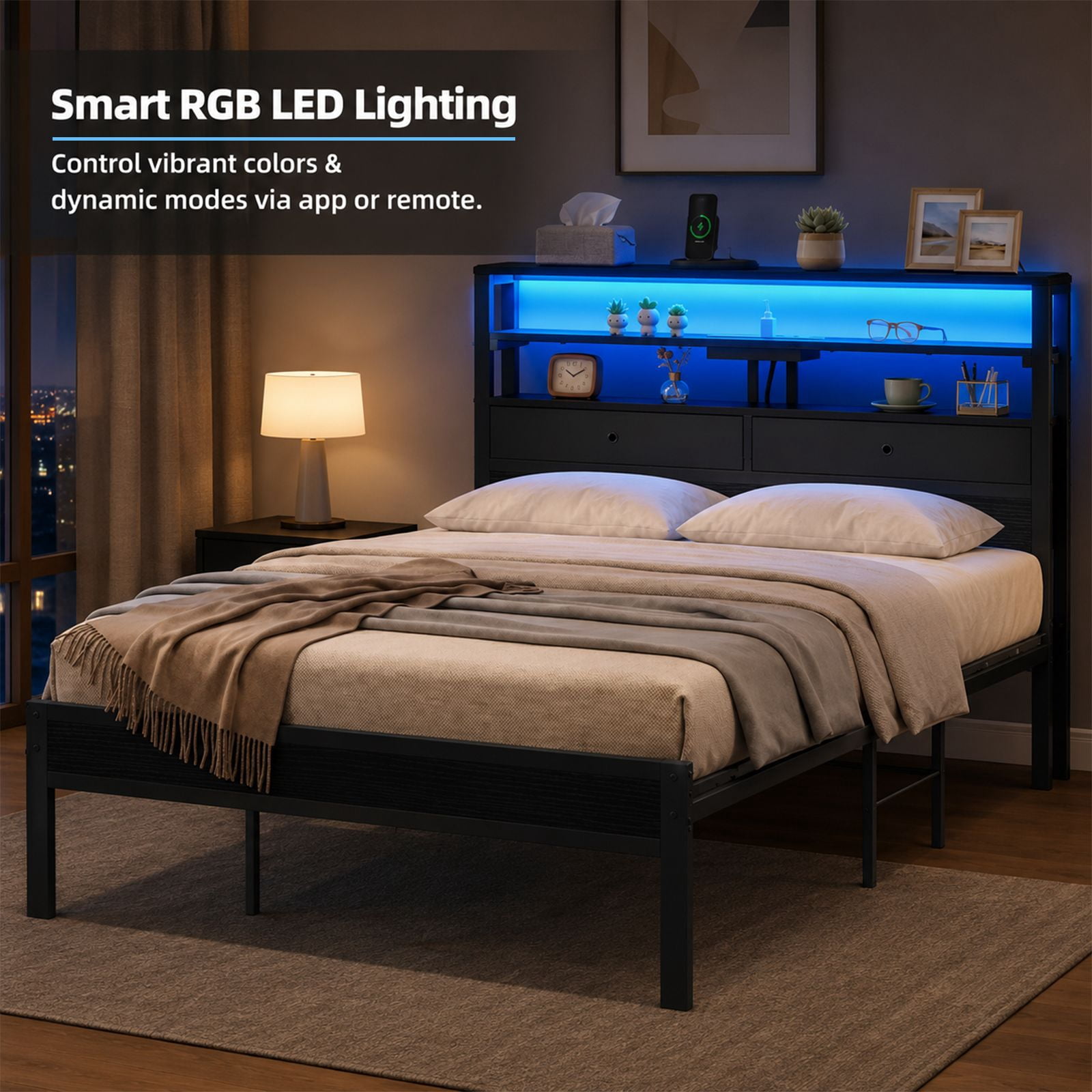 Alvantor Bed Frame with Storage Headboard, Sturdy Metal Platform Bed Frame with LED Lights and Charging Station, Easy Assembly, No Box Spring Needed, Noise Free