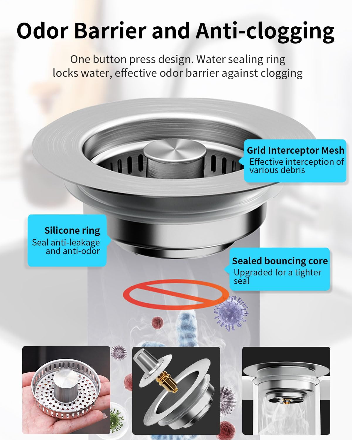 NexTone 3 in 1 Kitchen Sink Drain Strainer [304 Stainless Steel Pop Up] Anti-Clogging Kitchen Sink Drain Stopper Stainless Steel Efficiently Drainage Odor Filter Sink Plug for Us Standard 3-1/2 Inch