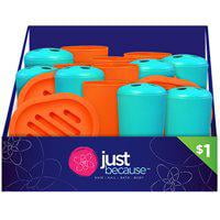 JUST BECAUSE, DAILY ESSENTIALS COLORFUL PLASTIC TUMBLERS OR TOOTHBRUSH HOLDERS AND SOAP DISHES.