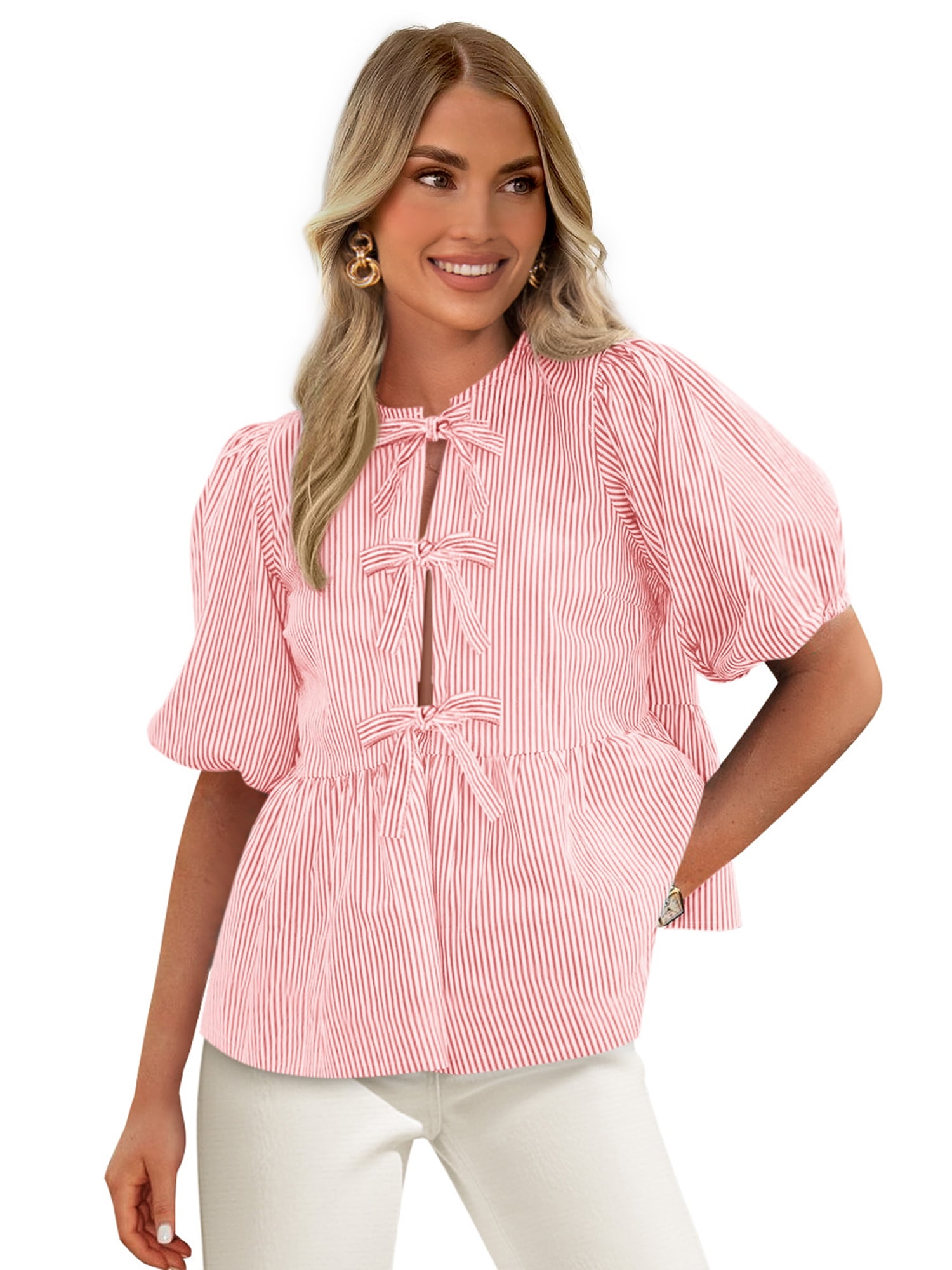 トップス ARTS&SCIENCE Frontopen sidegatherblouse PRETTYGARDEN Women's Bow Front Top with Puff Sleeves, Sizes