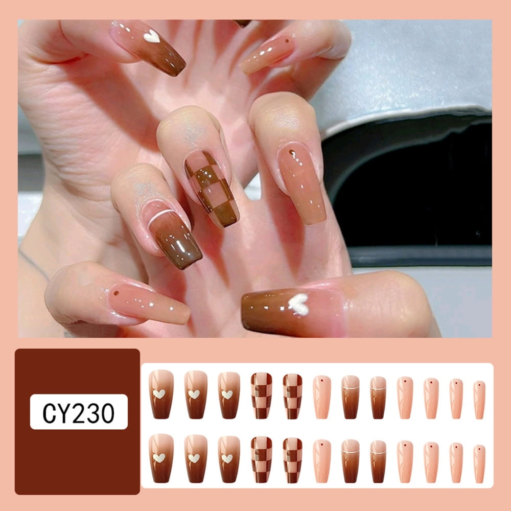 Brown Checkboard Gradient Fake Nails Not Hurting Hands Not Easy to