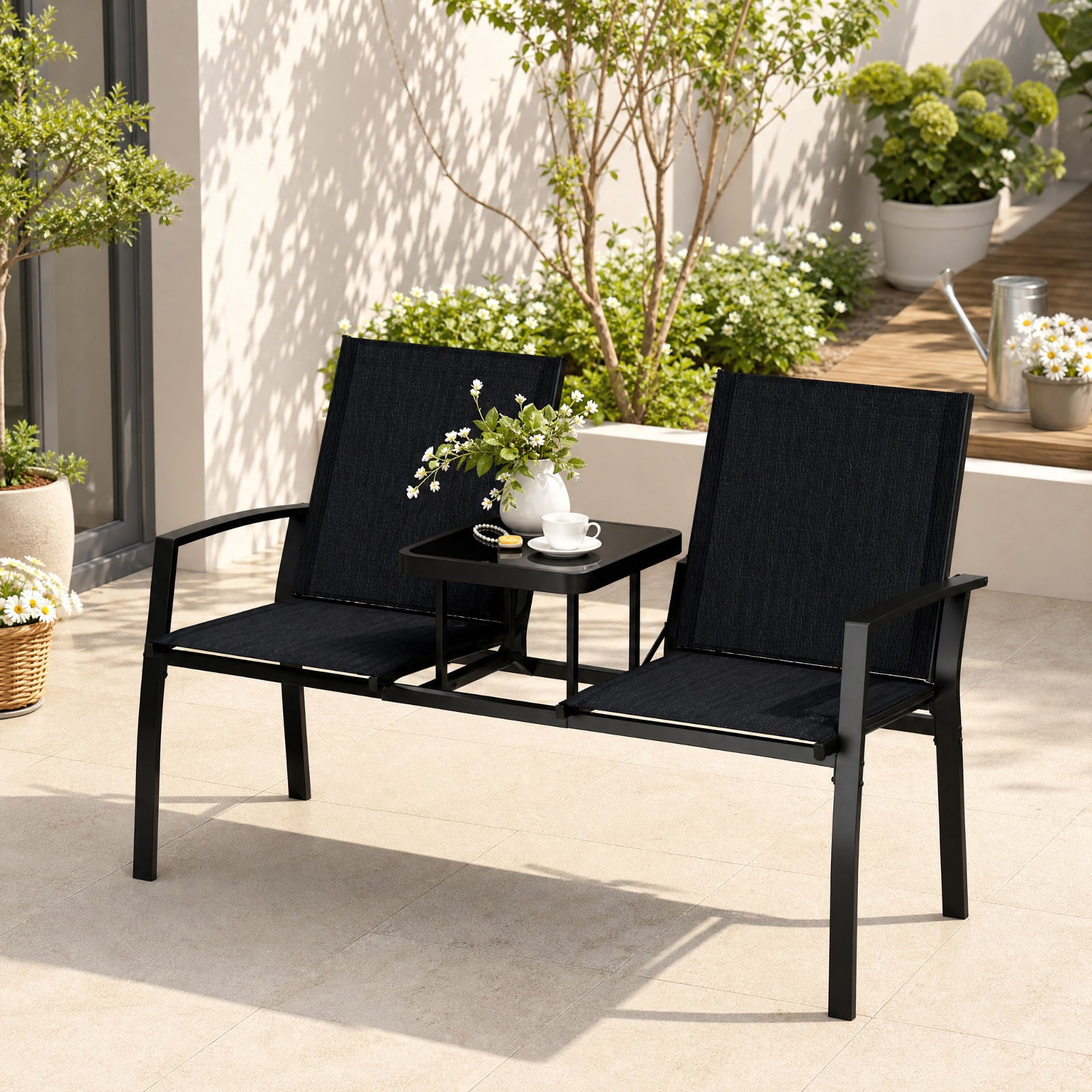 Furnibear Patio Loveseat with Built in Table and Breathable Fabric Back for Porch Garden and Poolside Outdoor Seating, Black