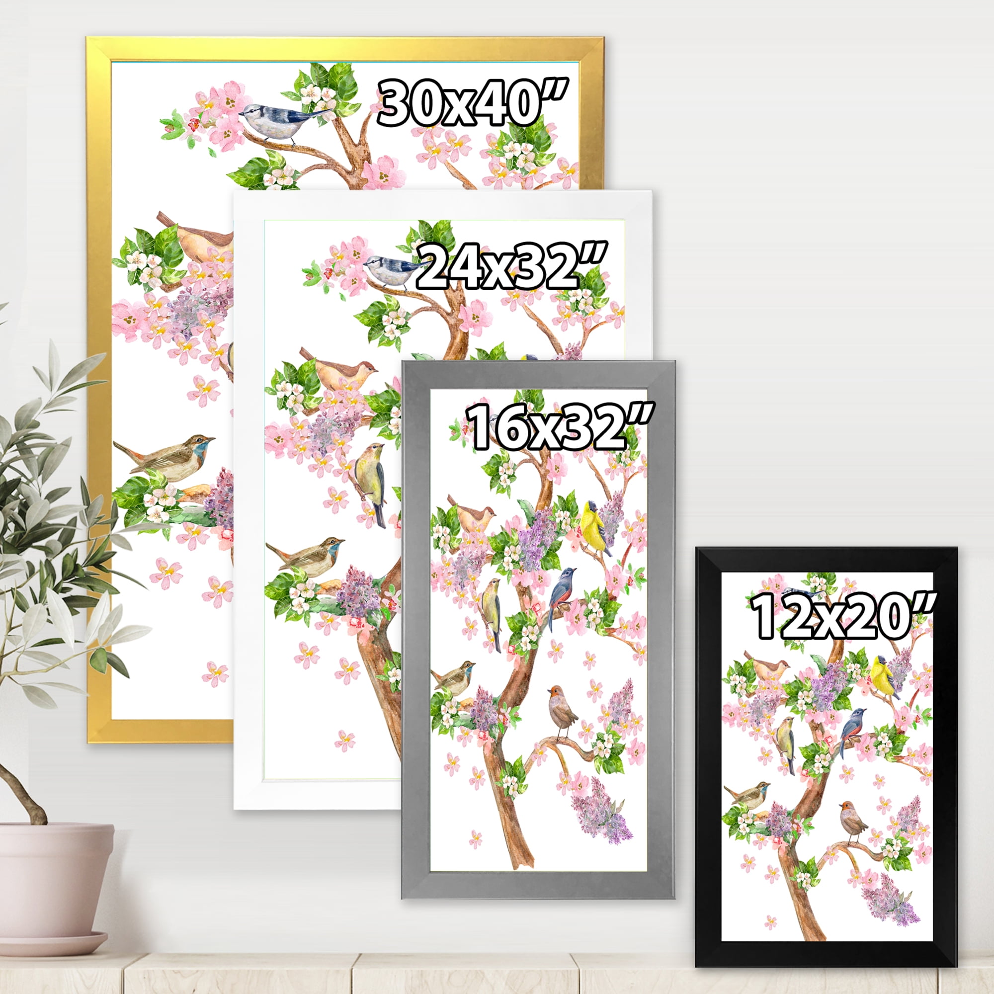 Tree With Colorful Birds Sitting On Flowering Branches 16 in x 32 in Framed Painting Canvas Art Print, by Designart