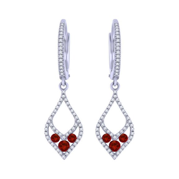 AFFY Simulated Red Garnet & White Natural Diamond Tear Drop Dangle Earrings In 14K White Gold (0.68 Cttw)