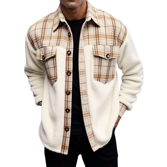 LMKIHUSA Long Sleeve Plaid Shirt Jacket for Men Lapel Casual Fashion Tops Brushed Button Up Loose Blouses Patchwork Pocket Shacket White,L