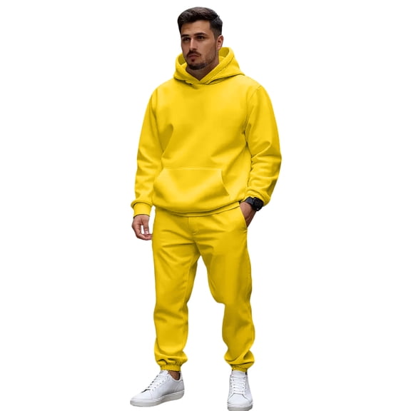 Nokdvo Jogging Suits 2 Piece Set for Men Long Sleeve Sweatsuits Sets with Pockets Solid Color Hoodies Sweatsuit Sets Baggy Athletic Training Fashion Casual Hooded Outfit,Yellow L