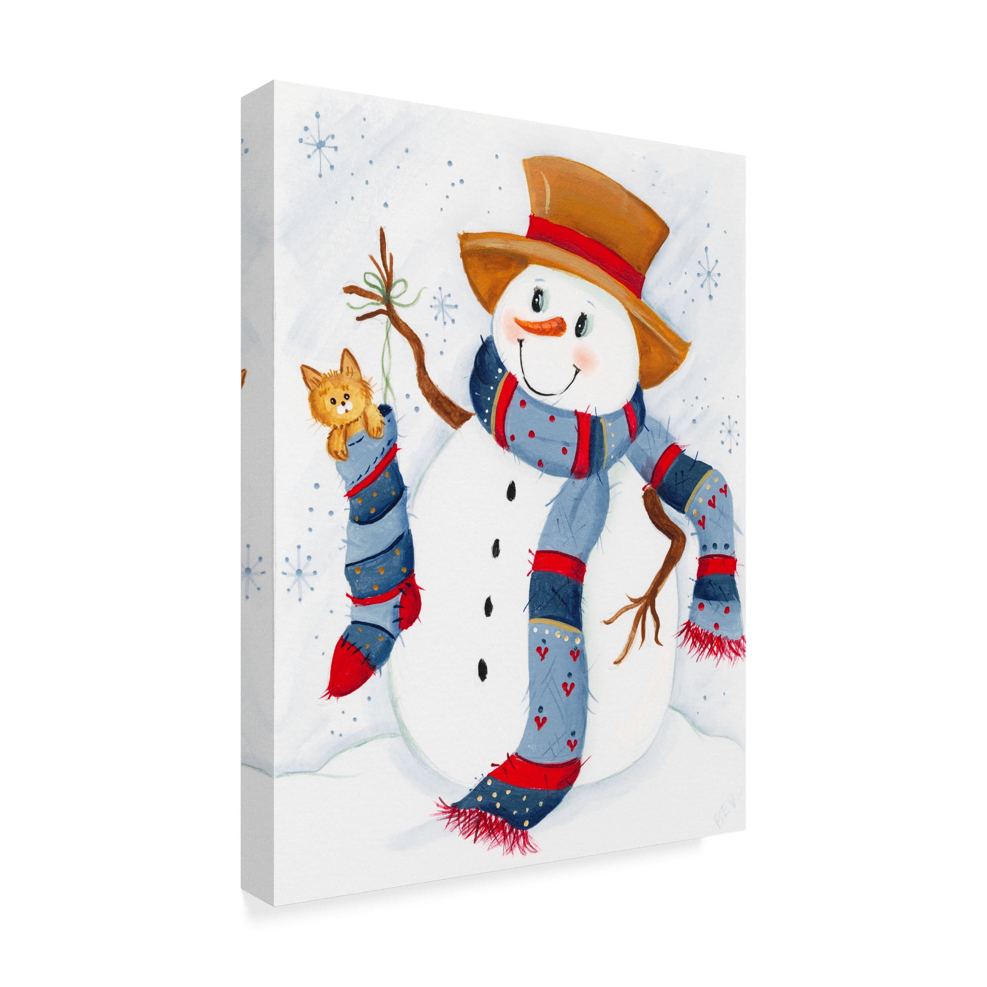 Trademark Fine Art 'Snowman With Cat In Stocking' Canvas Art by Beverly Johnston
