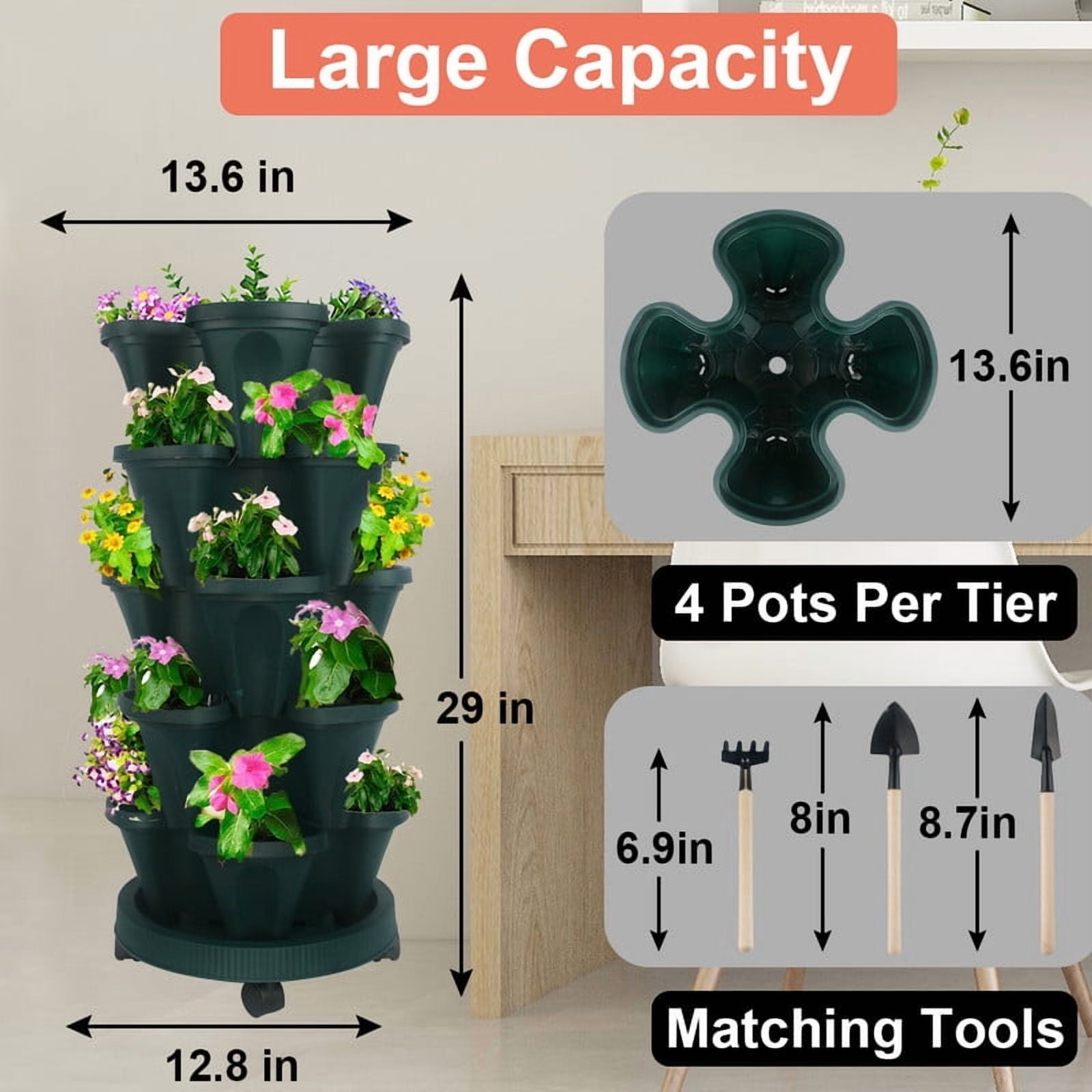 5-Tier Vertical Stackable Tower Planter for Strawberries, Flowers, Herbs, and Vegetables - Green.