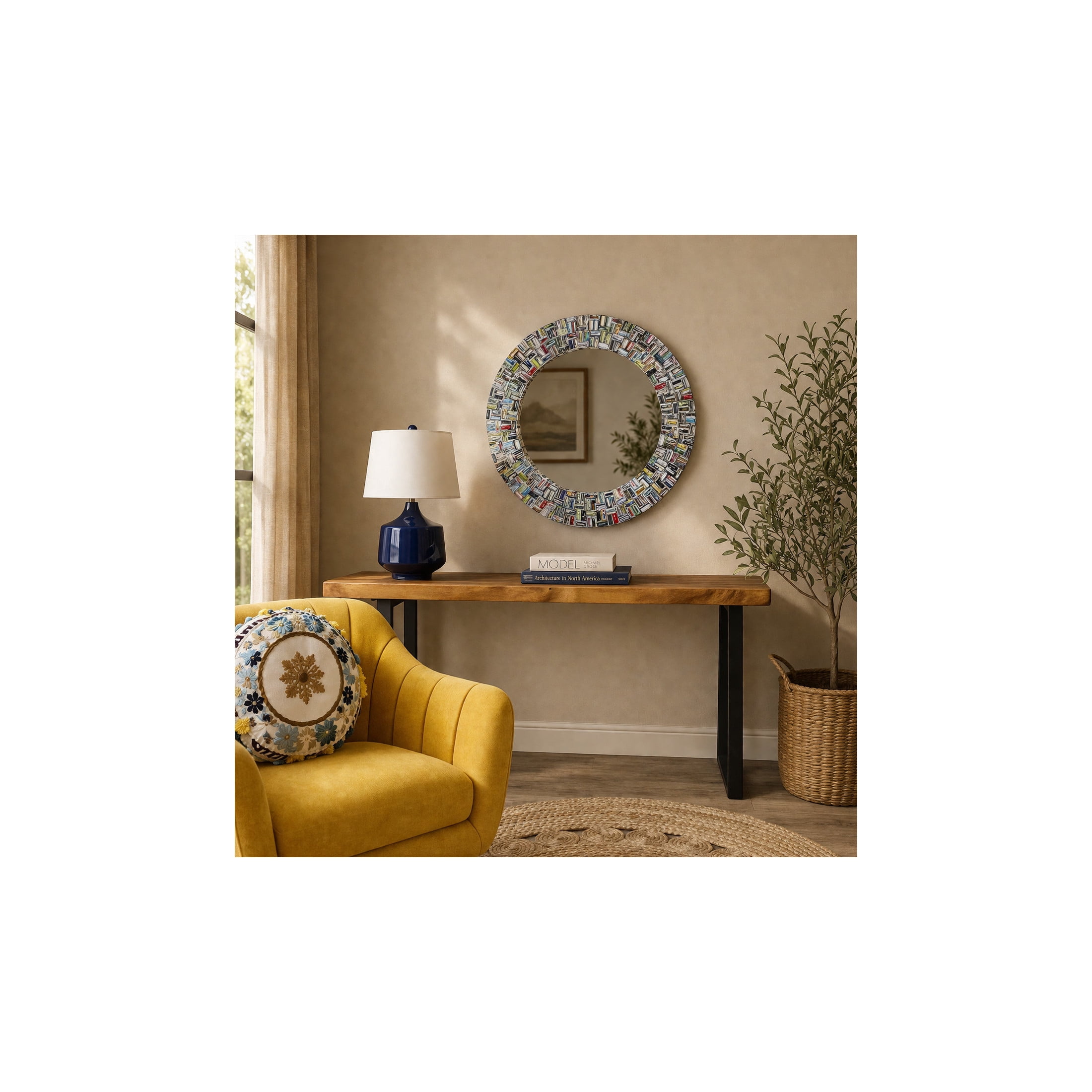 DecMode 38" x 38" Multi Colored Handmade Recycled Magazine Frame Wall Mirror