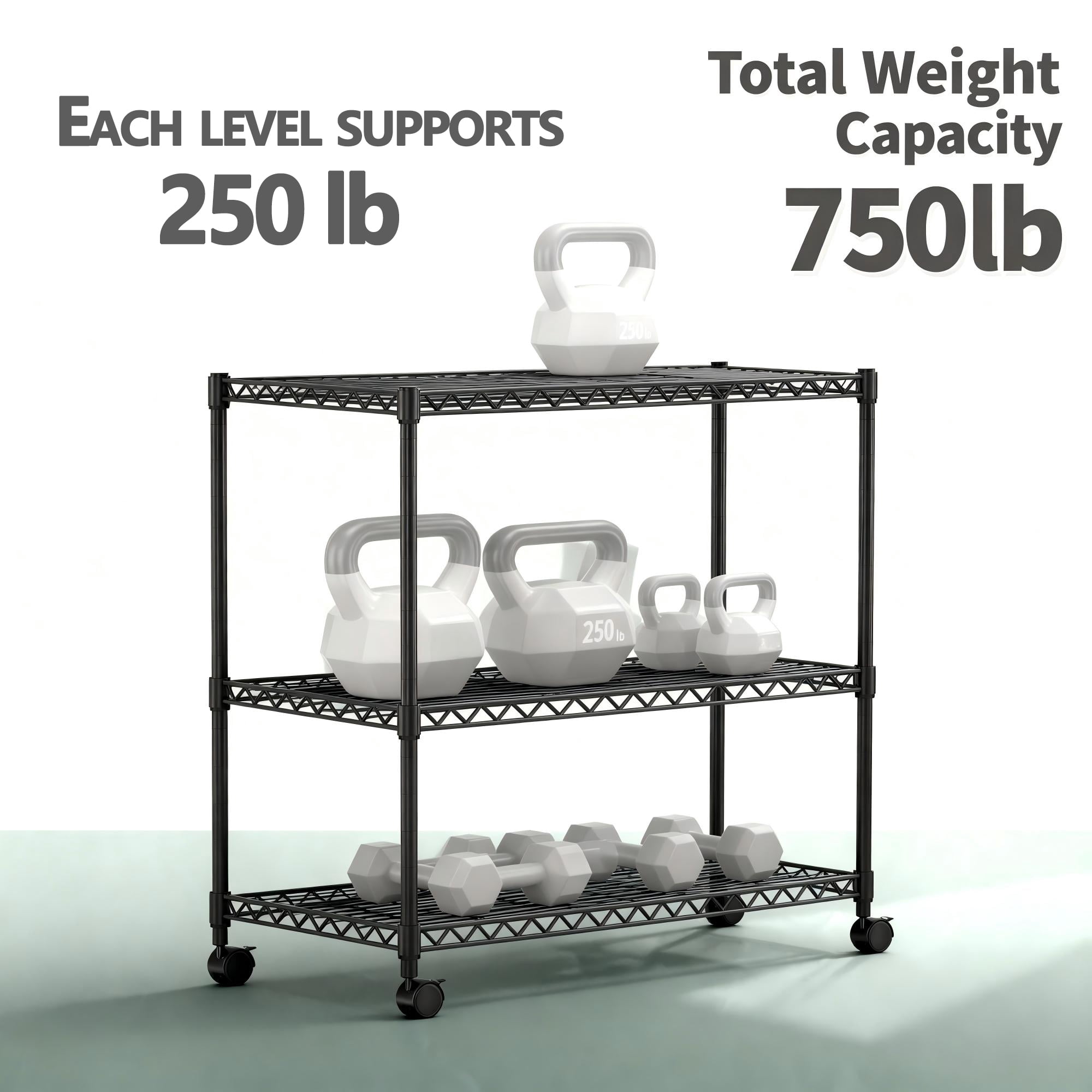 Jopath 3-Tier Shelving Storage Shelves,Steel Organizer Wire Rack with Wheels,Adjustable Storage Units,23" W x 13" D x 30" H,Black