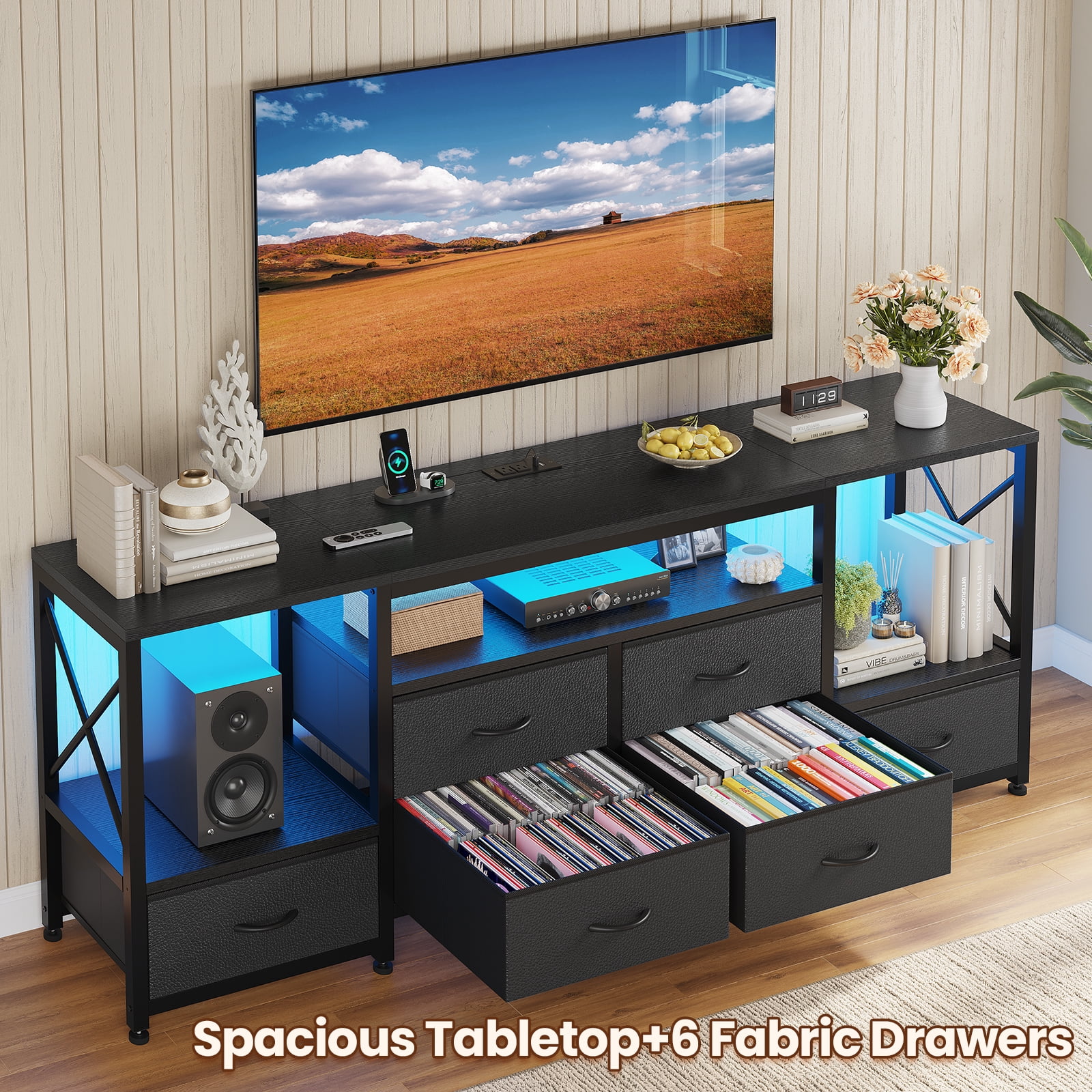 Afuhokles TV Stand up to 75 Inch TV with LED Light and Charging Station, 63" Entertainment Center Industrial TV Console Table with 6 Fabric Drawers and Open Shelves for Living Room, Black