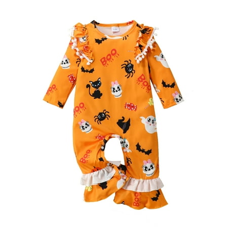 

Calsunbaby Newborn Baby Girls Flared Jumpsuits Toddler Infant Halloween Printed Round Neck Ruffled Long Sleeves Romper