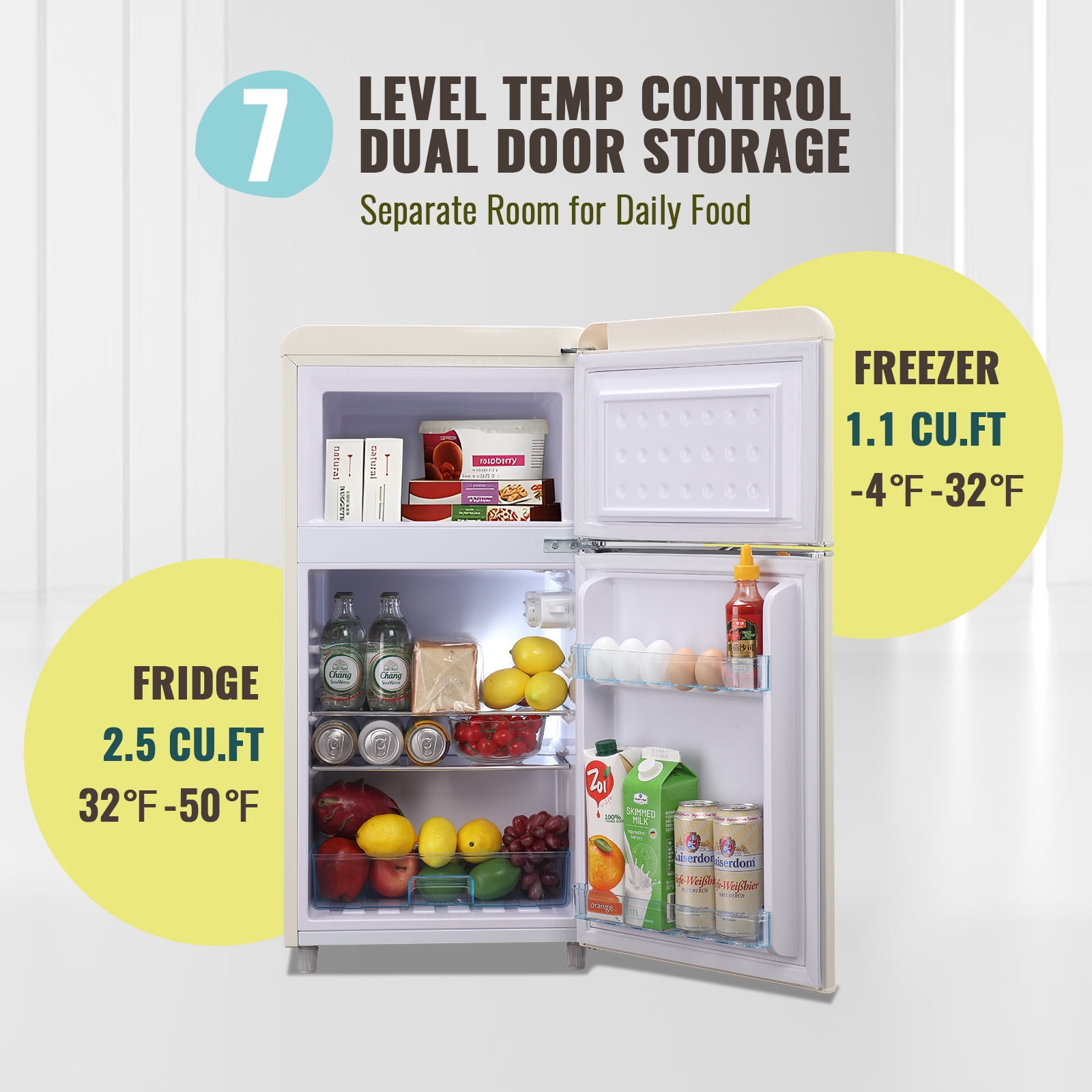 DEMULLER Retro Small Refrigerator with Freezer Mini Fridge 7 Modes Temperture Setting Cream White