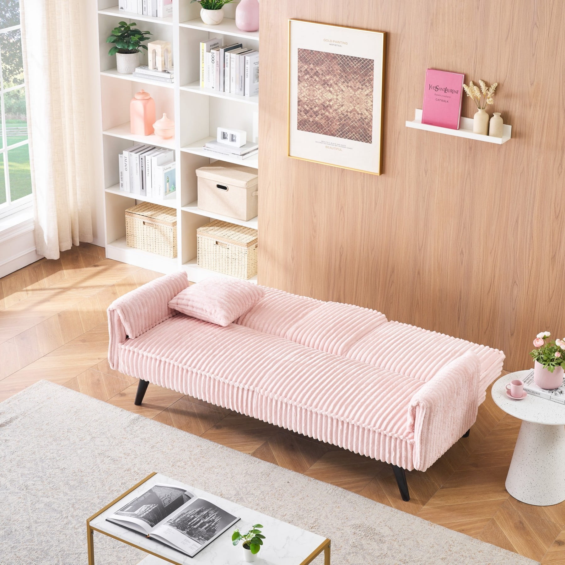 Corduroy Sofa Couch, Adjustable Modern Sleeper Sofa with Cup Holders for Living Room Bedroom Apartment, Pink