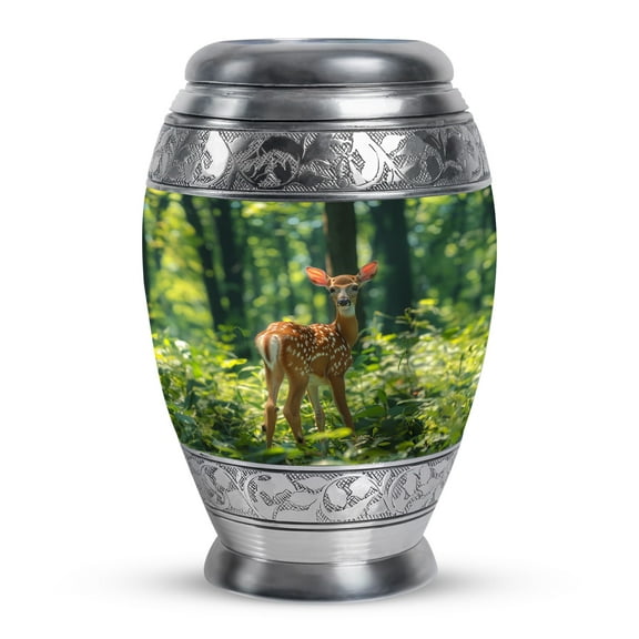 KARYLIZ Deer Urns For Human Ashes - Green Forest Large Urns for Human Ashes Adult Male & Female - Memorial Cremation Urn for Adult Human Ashes - Decorative Funeral Urn for Man 10 Inch