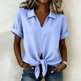 thumbnail image 2 of hlysgo Womens Collared V-neck Tops Tie Front Casual Rolled Short Sleeve Blouse Summer Linen Loose Fit Shirt Tee Light Blue,M, 2 of 6