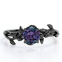 JeenMata 0.50 Carat - Round Cut Lab Created Alexandrite Ring - Leaf & Vine Engagement Ring - 18K Black Gold Plating Over Silver