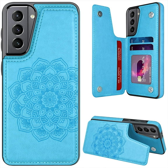 for Samsung Galaxy S21 5G Case with Card Holder,Flower Magnetic Back Flip Case for Samsung Galaxy S21 5G Wallet Case for Women,Protective Case Phone Case for Samsung Galaxy S21 5G,Blue