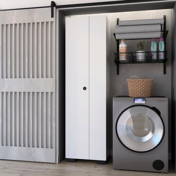 White Broom Cabinet With Bottom Storage - Store More Items Functional Keep Your Home Tidy And Organized