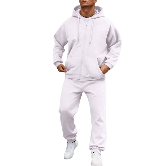 Men's Hooded Athletic Tracksuit Sweatsuit Fleece Lined Full-Zip Hoodie and Sweatpants Outfits Long Sleeve Solid Color Track Suits with Pockets Casual Athletic Winter Jogging Workout Suit,White M
