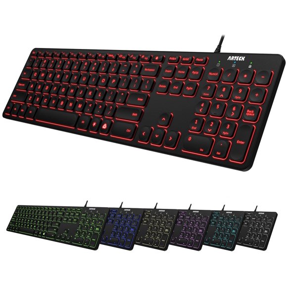 Arteck USB Wired Keyboard Universal Backlit 7-Colors & Adjustable Brightness Full Size Keyboard with 4 Feet Wire, Numeric Keypad and Media Hotkey for