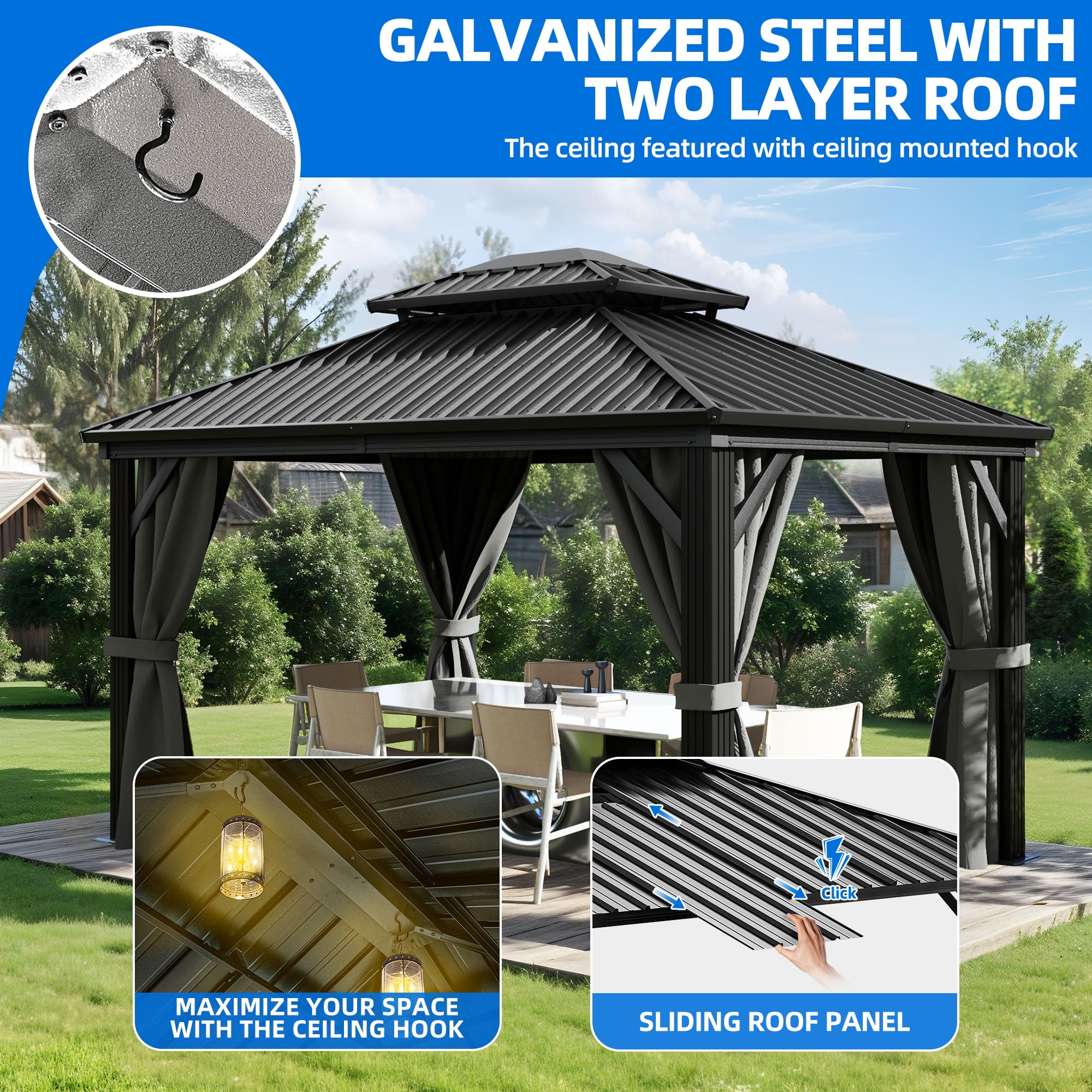 Dextrus 10x12FT Outdoor Hardtop Gazebo with Nettings & Gray Curtains,Heavy Duty Double Roof  Galvanized Steel Canopy, Sunshade for Garden, Patio, Lawns, Black&Gray