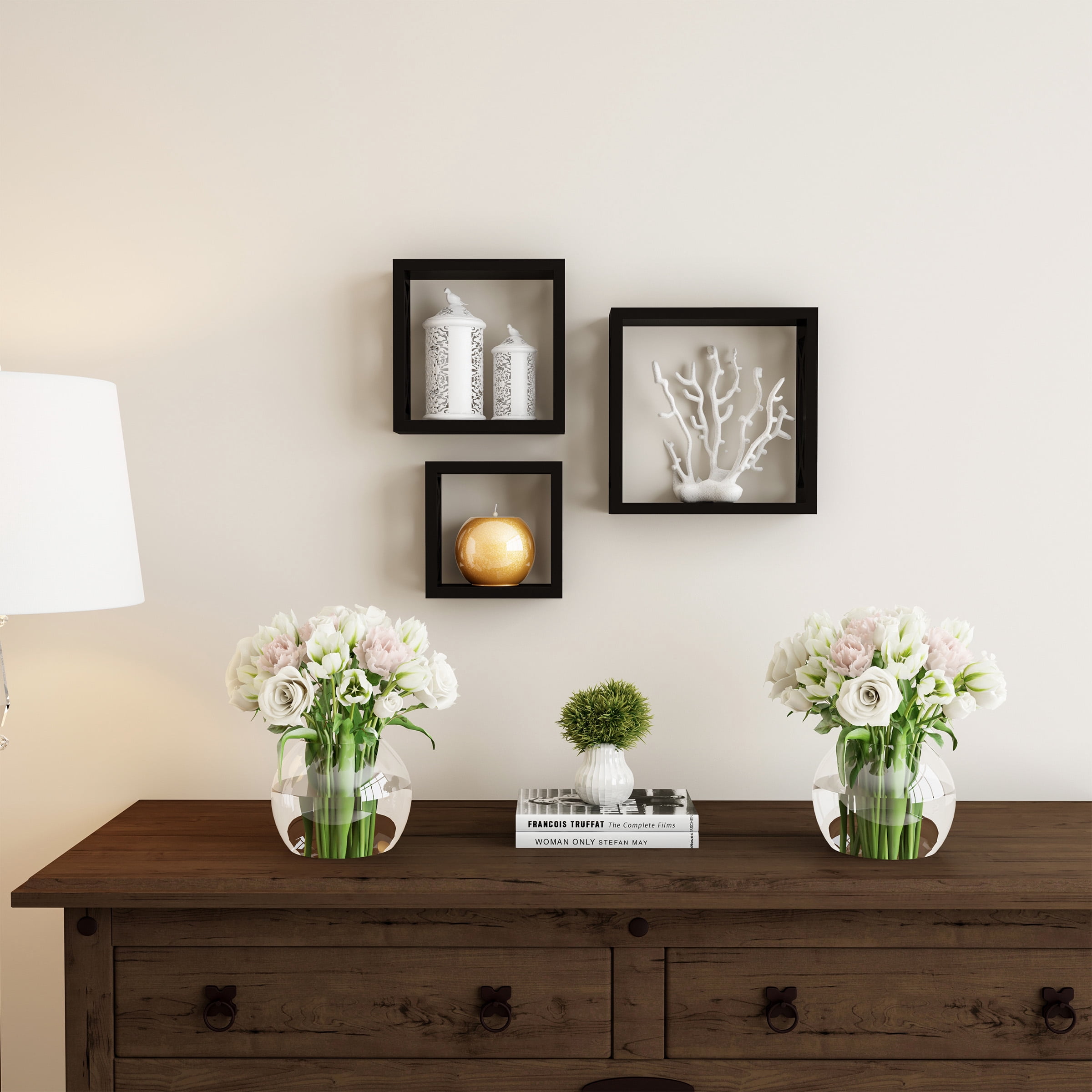 Floating Shelves- Open Cube Wall Shelf Set with Hidden Brackets, 3 Sizes to Display Decor, Photos, More- Hardware Included by Lavish Home (Black)