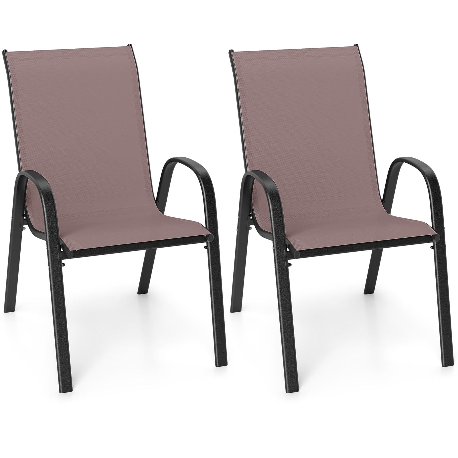 Gymax Set of 2 Patio Dining Chairs Stackable Armrest Space Saving Garden Black & Brown