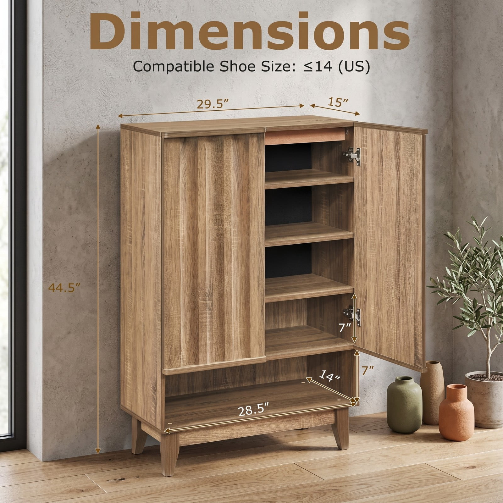 Furnibear 6-Tier Shoe Storage Organizer Cabinet with Louvered Door and 3 Removable Shelves for Entryway and Hallway Use, Rustic Oak