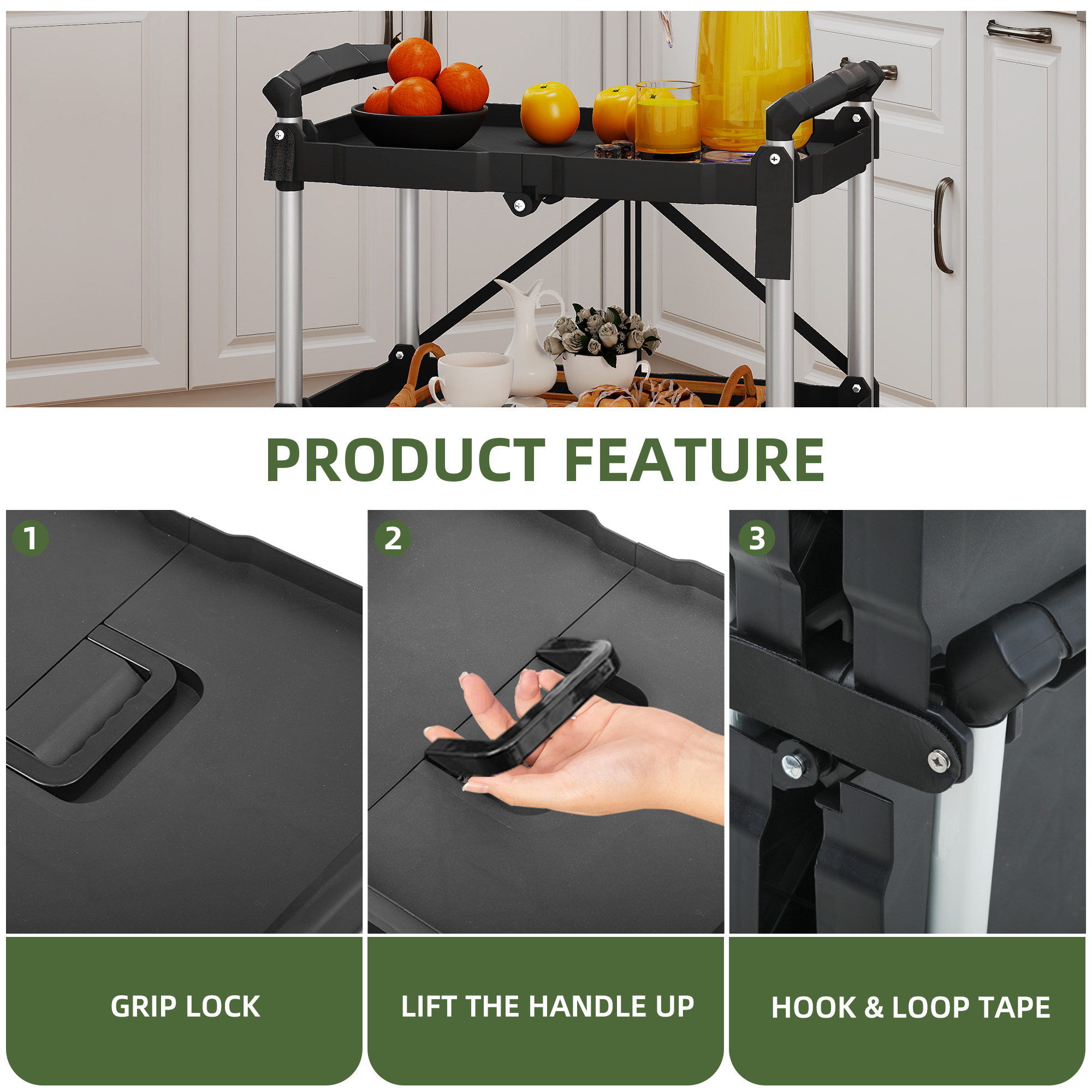 Uforic 3-Tier Collapsible Utility Cart with 360° Swivel Wheels, 115 lb Load Capacity per Shelf, Portable for Home and Office