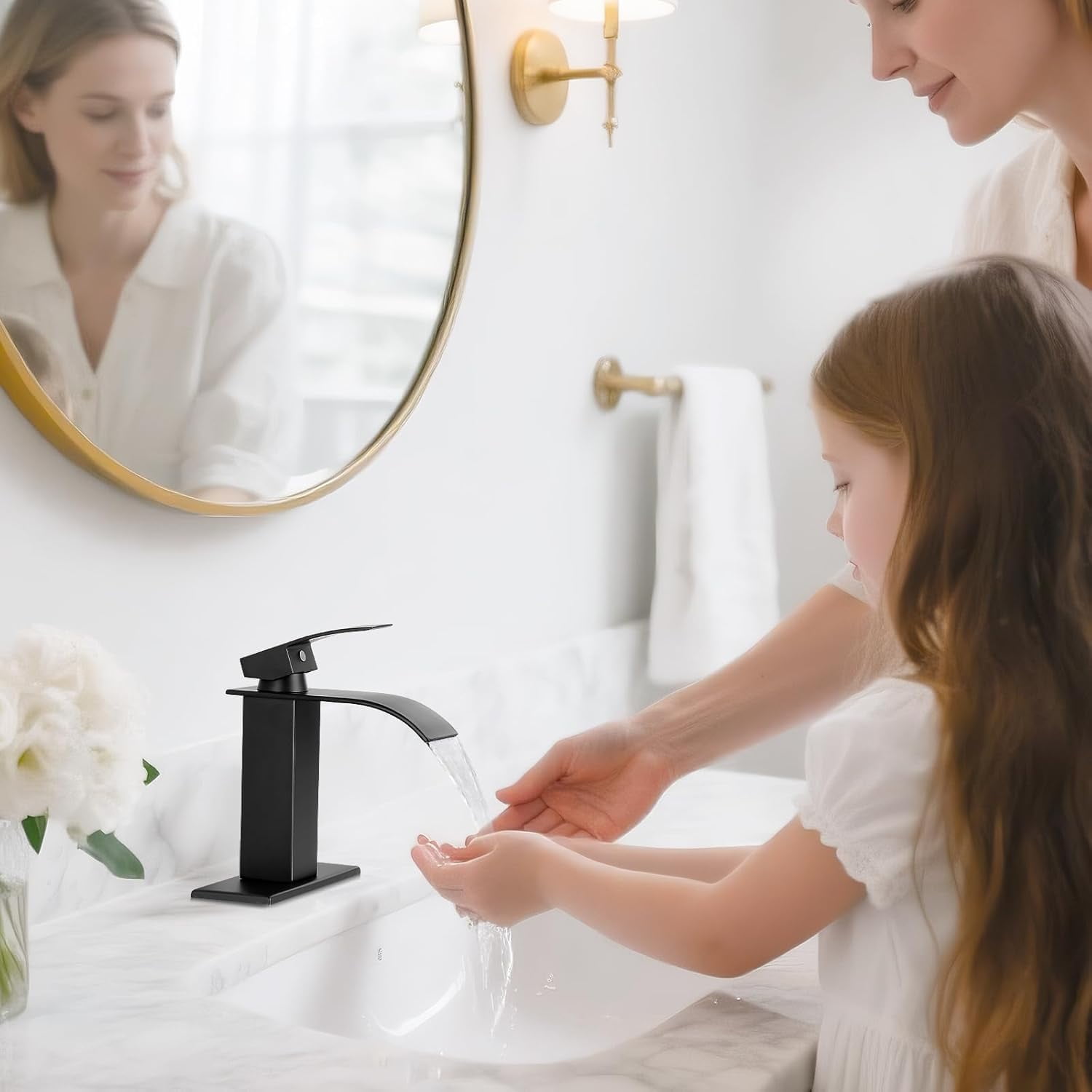 Matte Black Bathroom Faucets, Waterfall Bathroom Sink Faucet Modern Single Handle Bathroom Faucte 1 or 3 Hole, RV Mixer Tap Vanity Faucet - Includes Pop-up Drain Supply Hoses Deck PlateA