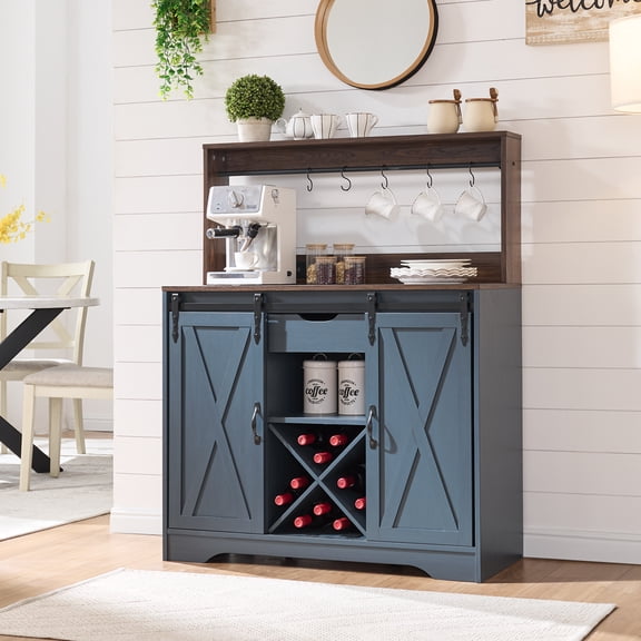 Farmhouse 40'' Coffee Bar Cabinet with Storage Shelf, Rustic Sideboard Buffet Cabinet with Charging Station for Kitchen, Blue