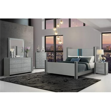 LOGAN SILVER FULL BED, DRESSER, MIRROR AND NIGHTSTAND