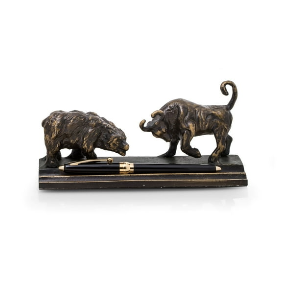 Cast Metal Bull & Bear Double Pen Holder with Bronzed Finish.