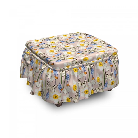 Floral Ottoman Cover, Jolly Nature Butterflies, 2 Piece Slipcover Set with Ruffle Skirt for Square Round Cube Footstool Decorative Home Accent, Standard Size, Pale Salmon Multicolor, by Ambesonne