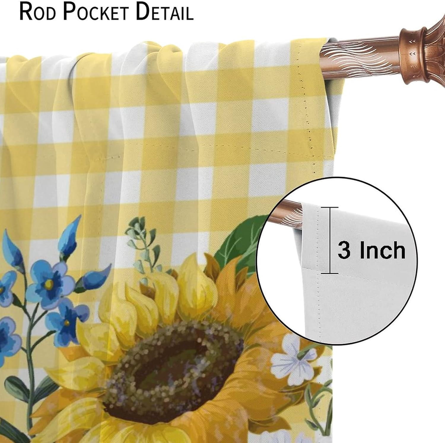 Sunflower Blackout Curtains Spring Beautiful Floral Bright Yellow White Buffalo Check Plaid Colorful Rustic Art Print for Living Room Bedroom Kitchen Decor Rod Pocket Window Drapes 2 Panels 42x54in
