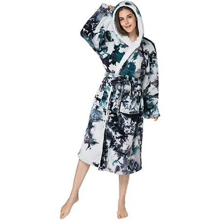 

QWZNDZG Women’s Robe Tie Dye Warm Fleece Bathrobe Soft Long Robe with Hood