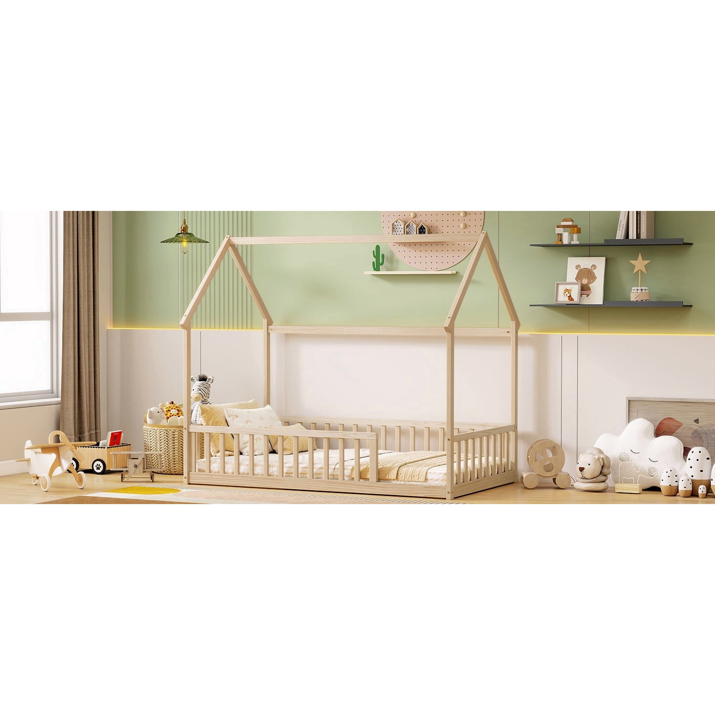 Natural Twin House Floor Bed with Full Safety Fence, Solid Pine Montessori Kids Playhouse Bed Frame No Box Spring Needed Max 250 LBS for Toddler Nursery Bedroom