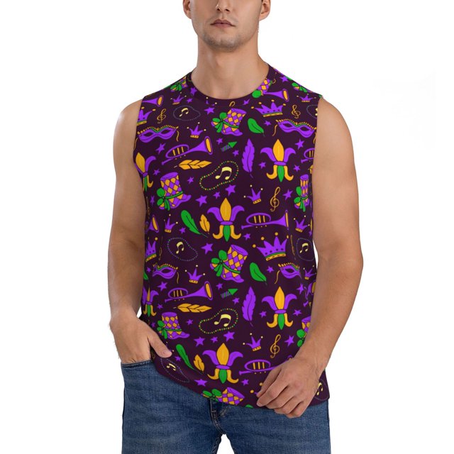 Fotbe Mardi Gra2 Men's Camiseta sin Mangas Estampada para Hombres, Playera Casual para Gimnasio, Entrenamiento, Playa-Large