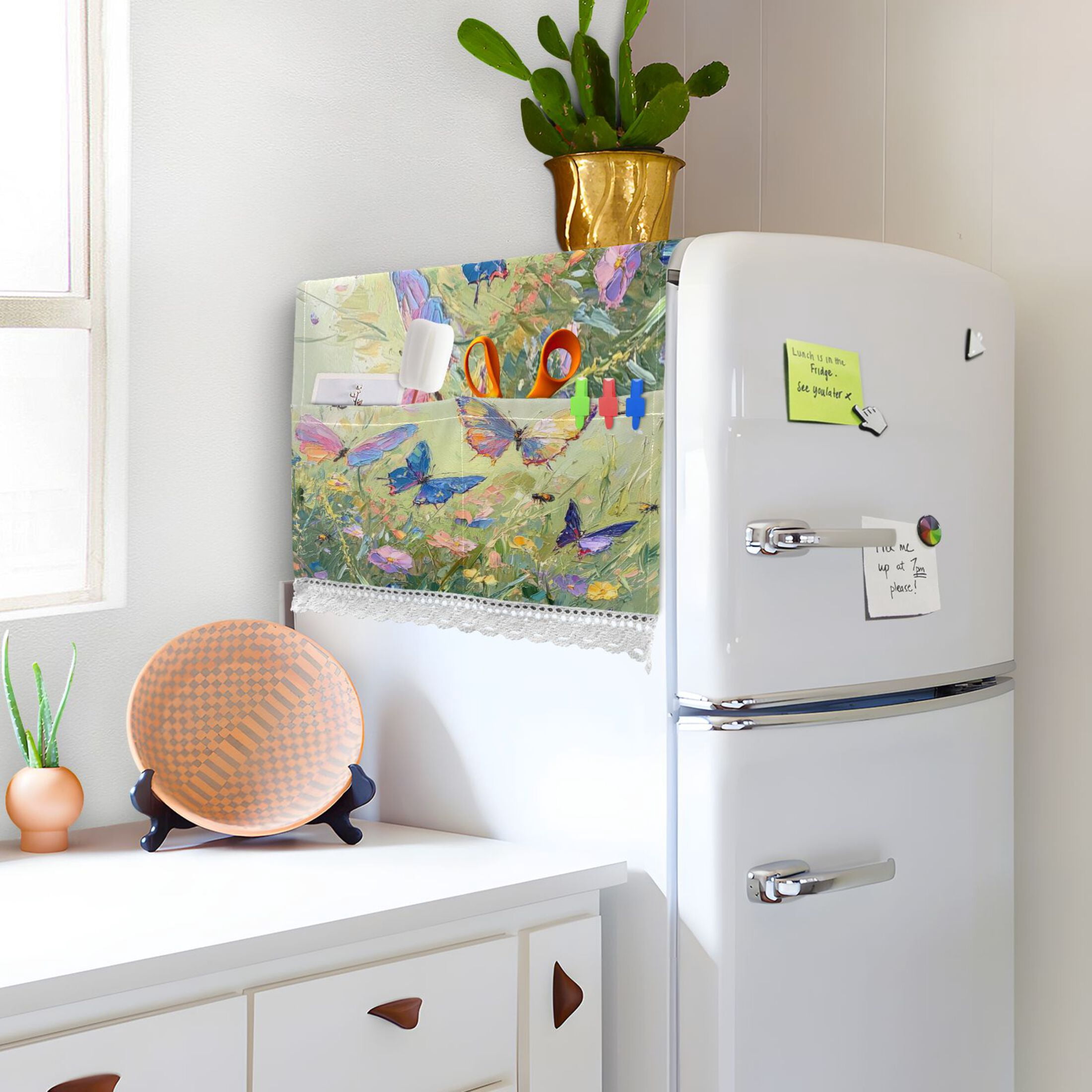 Colorful ButterflyWasher and Dryer Covers Dust-Proof and Oil Resistant Fridge Cover with 4 Storage Pockets Washing Machine Top Cover for Laundry Kitchen Home 51.2 x 22 In