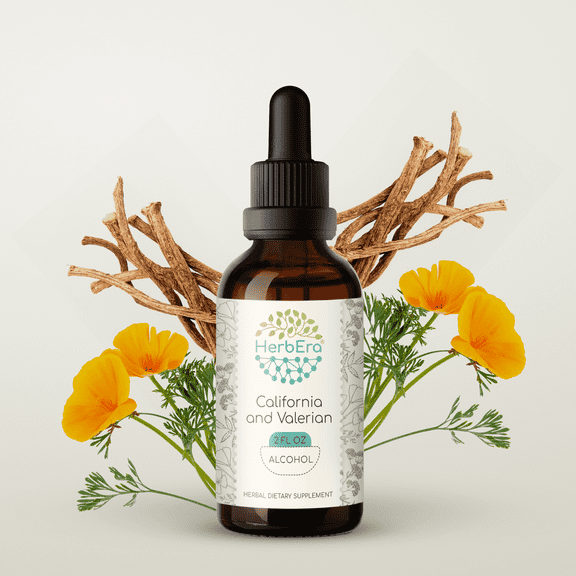 HerbEra California and Valerian Tincture, Herbal Dietary Supplement for Sleep Support, California Poppy (Eschscholzia californica), Valerian Root (Valeriana officinalis)Extract, Natural, Alcohol 2 oz