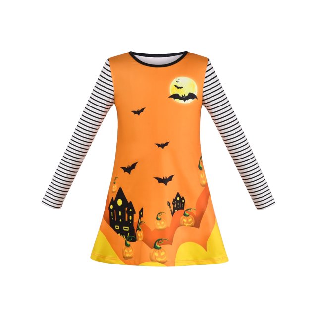 Robe Fille Col Rond Fantôme Orange Nuit Foncée Manches Longues Confortable 6 Ans